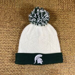 Michigan State Spartans white and green pom pom beanie